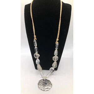 Hammered Embossed Silver Tone Pendant w/ Glass Stone 22" Cord Statement Necklace